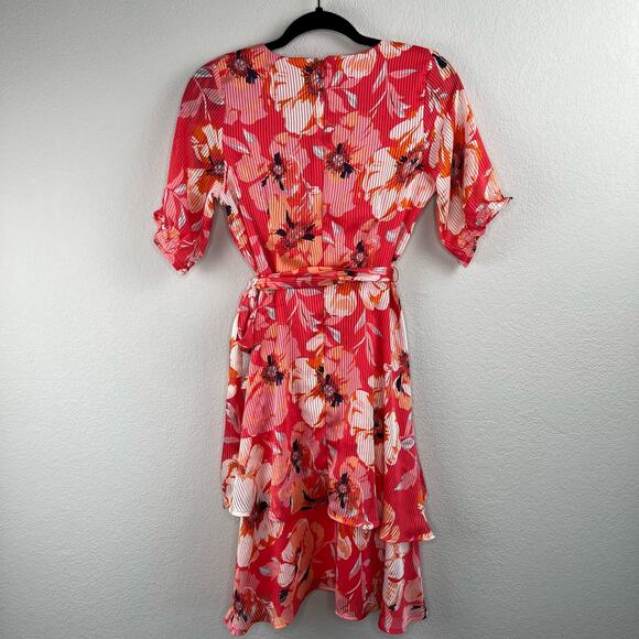 Tahari ASL Ruffle Hem Tie Waist V-Neck Short Sleeve Pink Floral Mini Dress 2 NWT - Picture 3 of 16